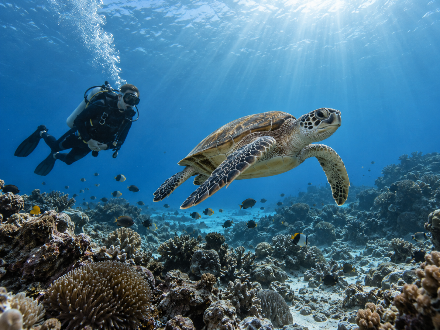 Diver beneath the surface in Addu City, Maldives