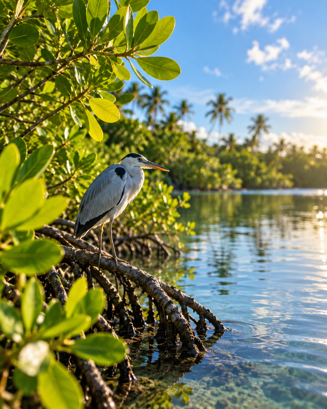 Heron perched among mangroves beside calm water in Hithadhoo, Addu City