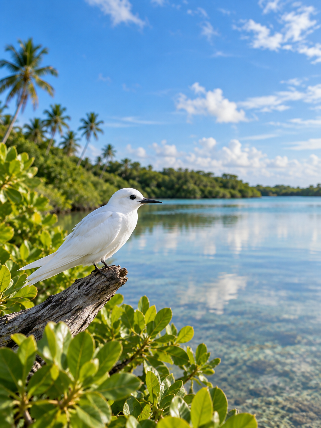 White tern perched beside calm wetland water in Hithadhoo, Addu City