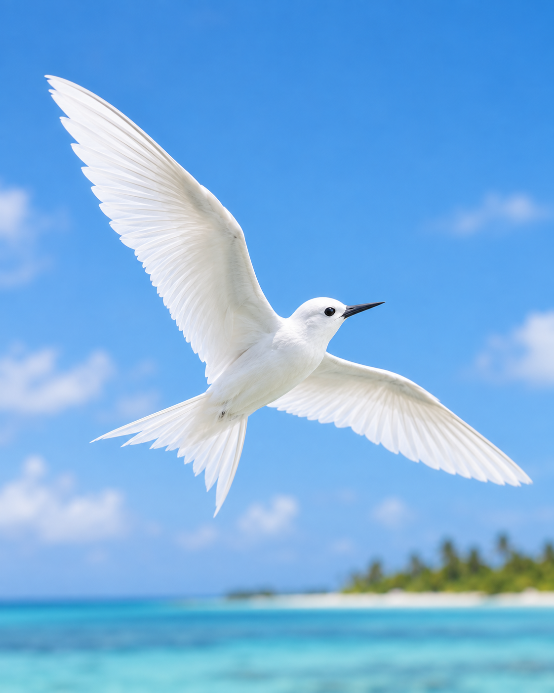 White tern flying over tropical coastal scenery in Addu City