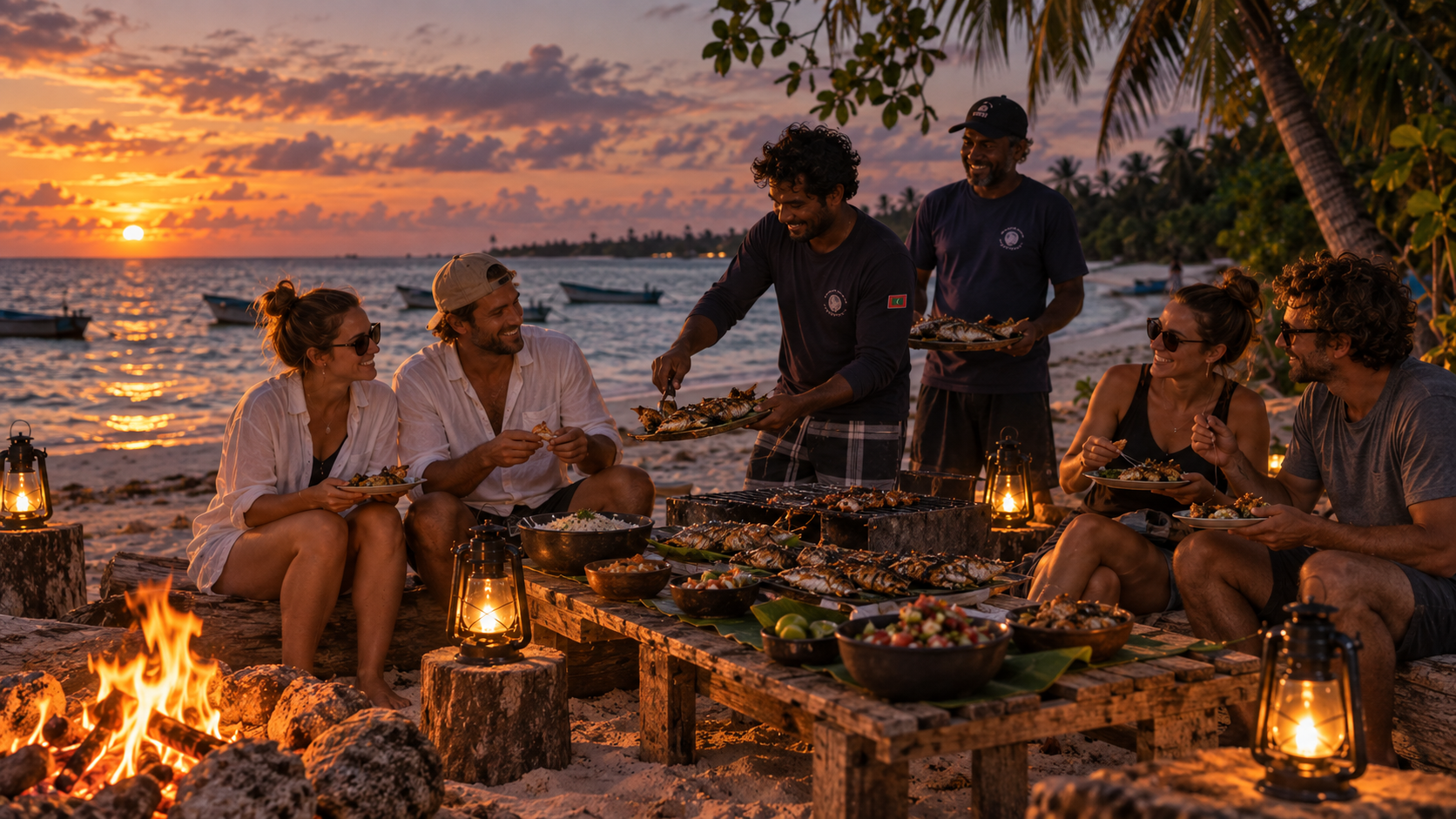 BBQ dinner by the beach after sunset fishing in Addu City
